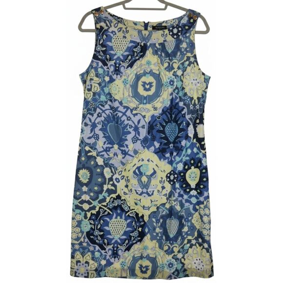 Talbots womens size 10 shift dress blue yellow floral boat neck cotton poplin - Picture 2 of 9
